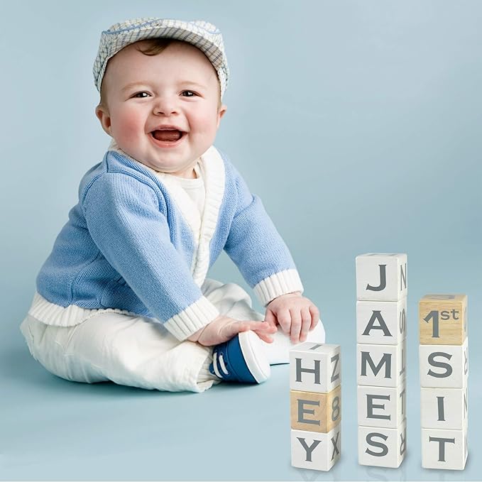 I'm Solid Wood Baby ABC Alphabet Milestone Age Blocks, Personalized Own Name, Gender Neutral, Newborn Gifts & Keepsakes for Picture Props (1.9" / 16 Pcs/White)