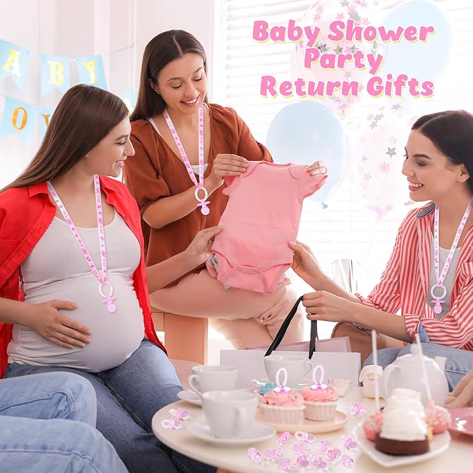 74 Pieces Baby Shower Pacifiers 24 Necklace Acrylic Plastic Pacifiers Baby Shower Game 50 Mini Plastic Charm Bulk for Party Decorations Games Table Scatter(Pink)