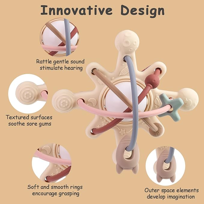 Baby Teething Toy for Babies 3-12 Months, Silicone Baby Teether Toys with Rattle, Rattle Sensory Teether Toy, Baby Chew Toys for Teething Relief, BPA Free, Beige