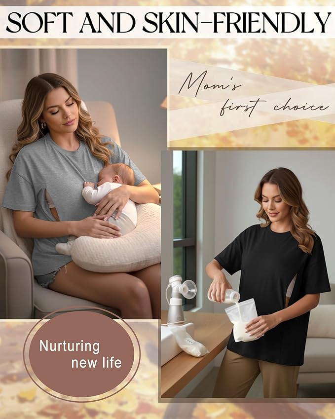 3 Pack Women's Oversize Nursing Breastfeeding Shirts Hidden Zipper Short Sleeve Loose Fit Maternity Tops