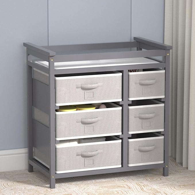 XJD Baby Changing Table with 6 Drawers Storage Station, Baby Changing Station Diaper Changing Station (Grey)