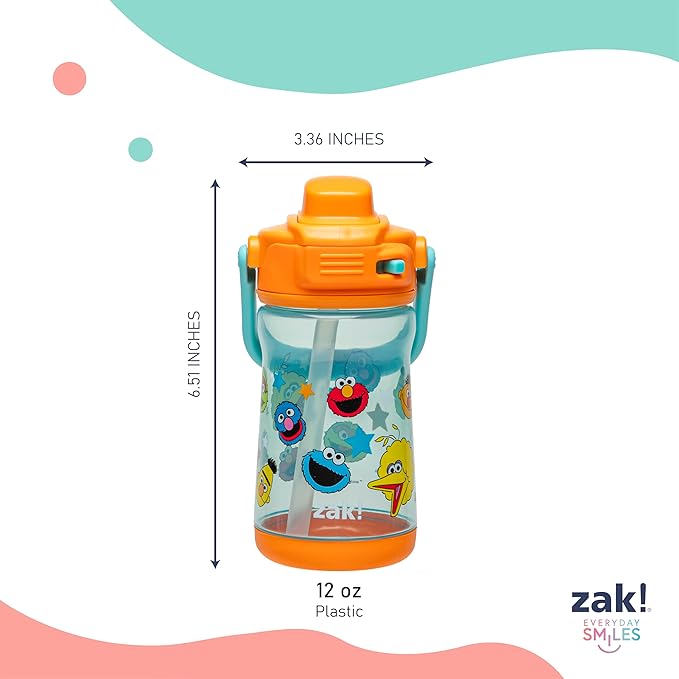 Zak Designs Sesame Street Beacon Kid Water Bottle for Travel or At Home, 12oz Plastic is Durable and Leak-Proof with Liquid Lock Spout, Cover, Carry Handle, Protective Base (Elmo & Friends)