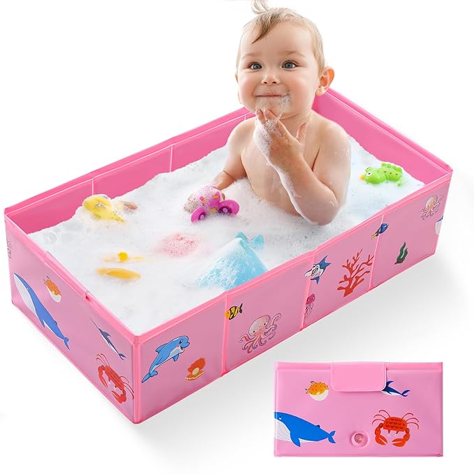 Portable Foldable Baby Bathtub with Drain Plug, 30" L x 15.2" W x 8.6" H Kids Travel Tub, Converts Shower to Tub, No Assembly Folds Flat for Storage, for Infant Toddler 6M-5 Years, Pink