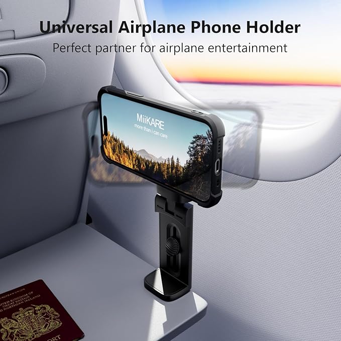MiiKARE Travel Essentials Magnetic Airplane Phone Holder, Universal Handsfree Phone Mount for Flying with 360 Degree Rotation, Travel Must Haves Phone Stand for Desk, Tray Table, Black&Pink