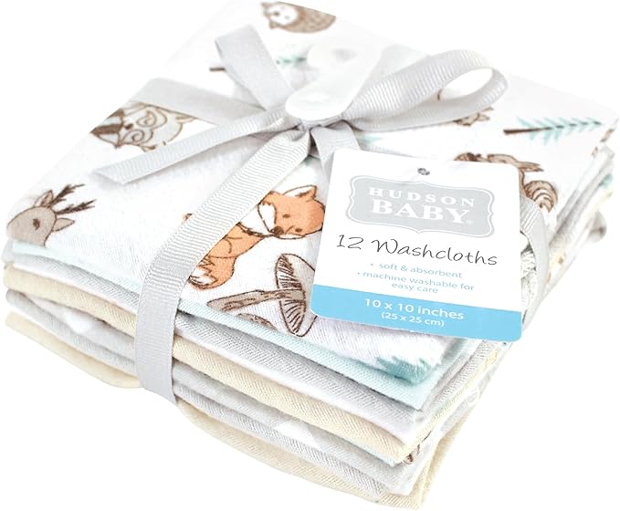 Hudson Baby Unisex Baby Flannel Washcloths, Neutral Woodland Pals 12Pk, One Size