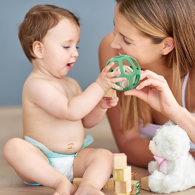 MCGMITT Baby Montessori Sensory Toys for 0-6 6-12 Months, Easy Grasp Silicone Baby Teether Teething Rattle Toy, BPA-Free Infant Teether Ball Chew Rattle Toys, Removable Inner Ball, Soft Hollow Design