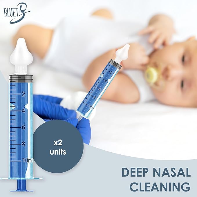 Bluet B - Baby Nasal Syringe (2-Pack) - Safe Silicone Nasal Aspirator for Newborn - Infant Mucus Removal - 10ml Nose Cleaner Syringe for Baby - Toddler Congestion Relief - Reusable Tips - Blue