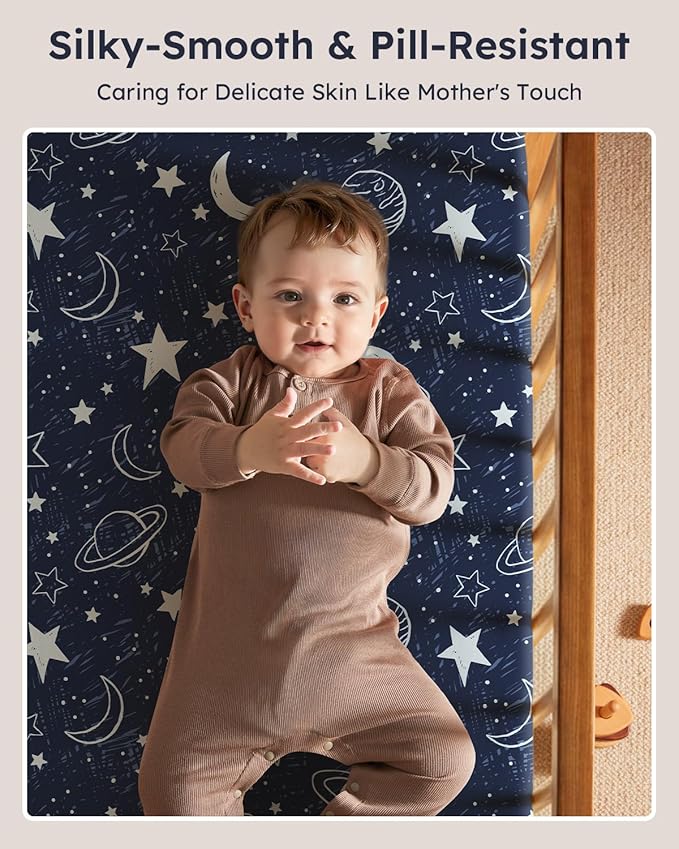 Baby Crib Sheets for Boys Girls, 28x52x8in Fitted Crib Sheet Neutral 3 Pack for Standard Crib and Toddler Mattress, Breathable Soft Microfiber Baby Sheet Blue Gray Planet