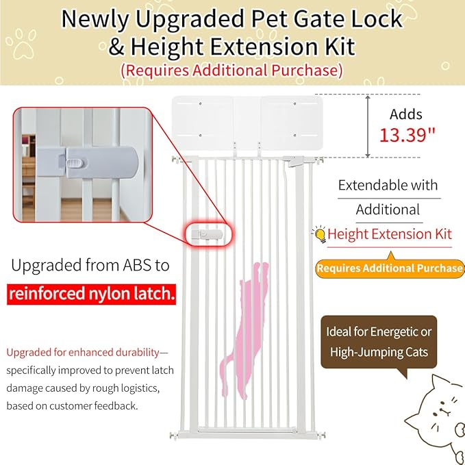 Lumizone Extra Tall Cat Gate 61.02" High Pressure Mounted Extra Wide 2025 New (17 Sizes) 1.37" Gap No Drilling Auto-Close One-Handed Operation Tall Pet Gate for Dogs(White, 61.02" H x 55.12"-59.44" W)
