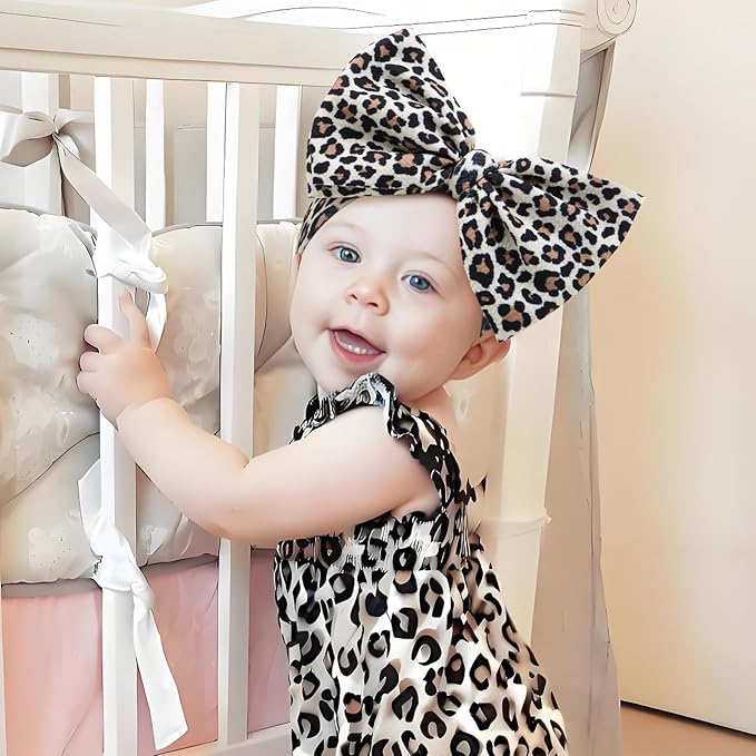 2Pcs Baby Girl Bows Leopard Print Headbands for Girls 7’’ Brown Bow Toddler Hair Accessories Newborn Infant Baby Hair Wrap