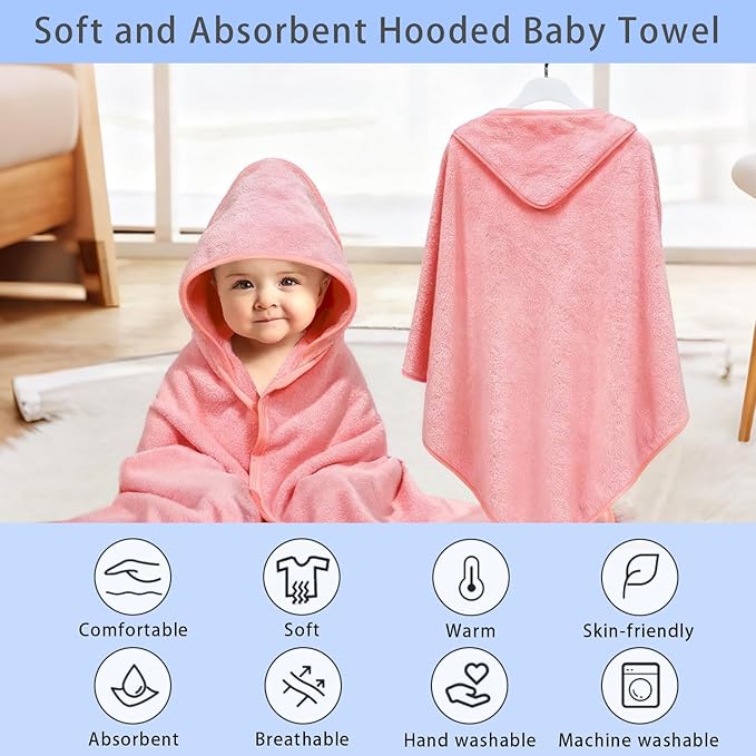 4 Pack Hooded Baby Towels, 32x32 Inch Absorbent Bath Towels, Soft Coral Fleece Hooded Towel for Newborns, Infants, and Toddlers – Baby Bath Essentials (2X White + 2X Pink)