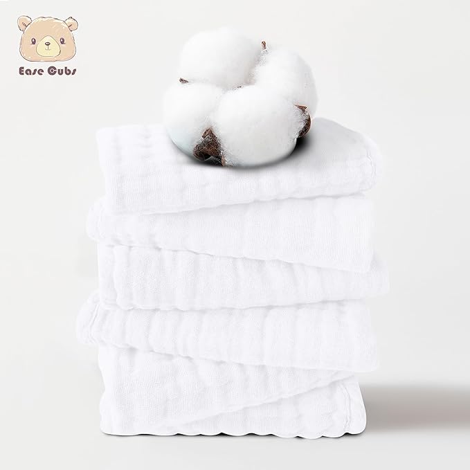 12 Pack Muslin Washcloths for Baby - 100% Cotton Baby Wash Cloths for or Baby Face Body Comfy and Soft for Newborn Infants Kids Girls and Boys - 12"x12" - White