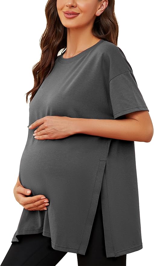 Ecavus Women's Casual Maternity Shirts Split Side Pregnancy Tops Blouses Short Sleeve Loose Fit Maternity Clothes