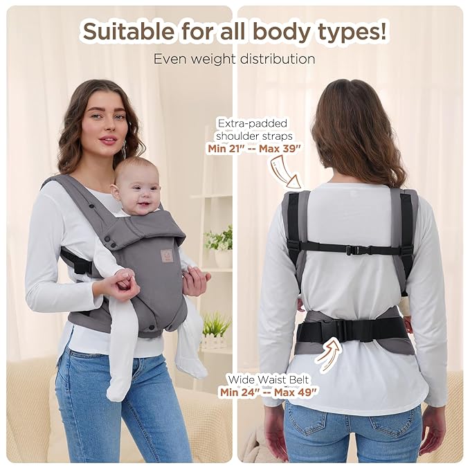 GAGAKU Baby Carier, Lightweight Ergonomic Toddler Carrier for 7-33lbs, Soft Breathable 4-in-1 Carrier with Head Support, Easy to Wear, Hands-Free Comfort, Grey