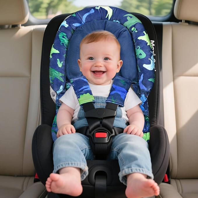Baby Car Seat Head Support with Extra Headrest, 2-in-1 Babybody Supports with Shoulder Pads Set for Newborn, Adjustable Infant Car Seat Insert Compatible with Stroller, Baby Swing (Blue Dinosaur)