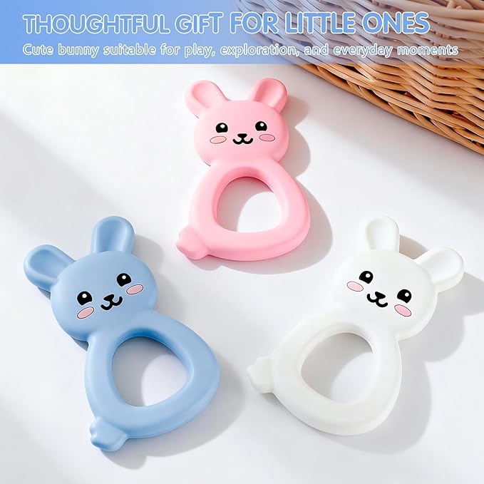 Silicone Bunny Baby Teether Toy for 3-12Months, Easy-Grip Chew Toy with Textured Ears for Sensory Exploration, Food-Grade Silicone, Freezable & Dishwasher Safe (Blue)