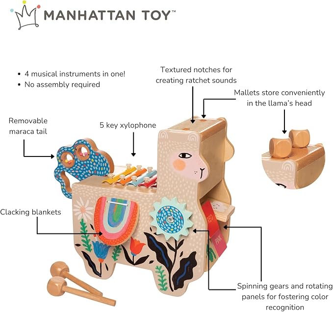 Manhattan Toy Musical Llama Wooden Instrument for Toddlers with Maraca, Clacking Saddlebags, Drumsticks, Washboard & Xylophone