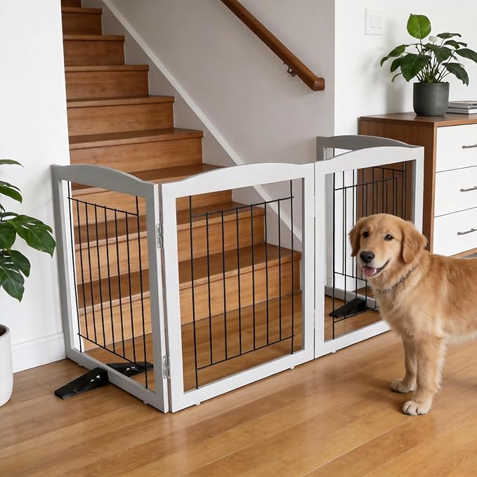 ZJSF Freestanding Dog Fence Indoor, Foldable Dog Gate for Doorways, Stairs or Hallways, Sturdy Wood Extra Wide Pet Gate with Support Feet for The House, Grey, 32 "Height-2 Panels