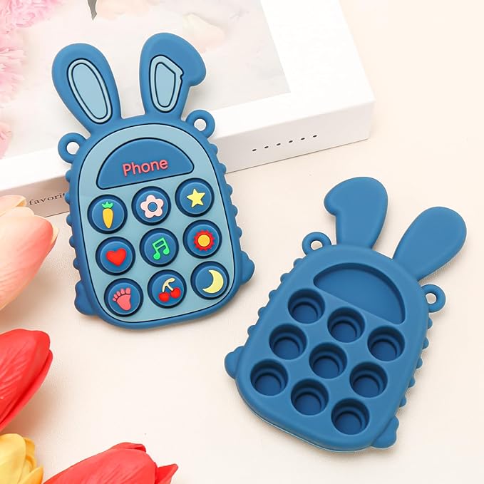 Teething Toys for Babies, BPA-Free Silicone Teether Toy for Infants, Cute Rabbit Phone Design with Easy-Grip Ears, Soothing Gums and Push Pop for Boy and Girl