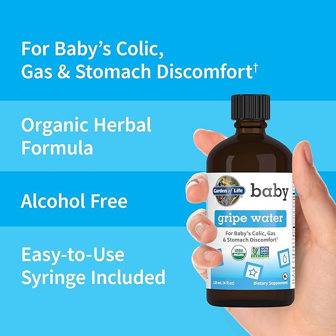 Garden of Life Baby Organic Gripe Water for Babies Nighttime or Daytime Colic, Gas & Stomach Discomfort, Herbal Remedy for Baby - Chamomile Lemon Balm Ginger - (4 fl oz) Liquid