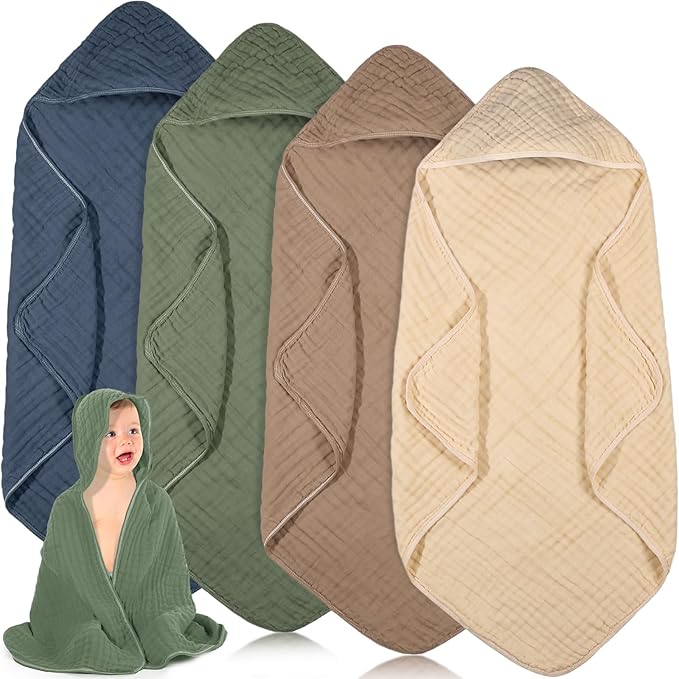 Peryiter 4 Pcs Muslin Hooded Baby Towels 32x32inch Cotton Newborn Bath Essentials Muslin Infant Blankets Absorbent Registry Baby Shower Present for Babies Girl Boy Kids (Green)