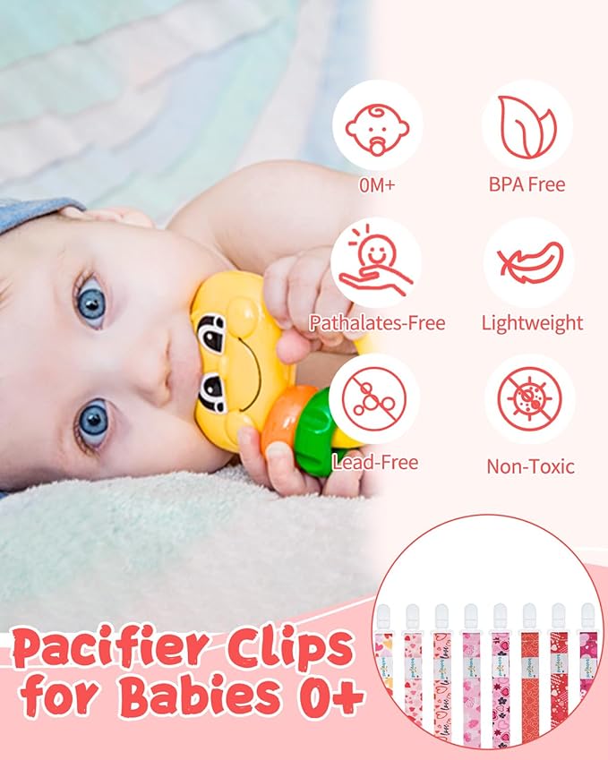 babygoal Baby Heart Pacifier Clips, 8 Pack Binky Paci Holder Clips Fits for Most Pacifier, Binkies and Valentine's Day Gift 8PB31-B