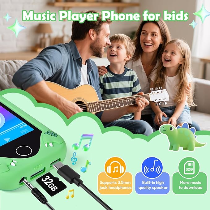 Kids Smart Phone for Boys, Dinosaur 2.8“ Touchscreen Toy Phones Christmas Birthday Gift for Boy Ages 3-9, Toddler Play Learning Cell Phone with Dual Camera, Game, MP3 Player, 32GB Card, Green