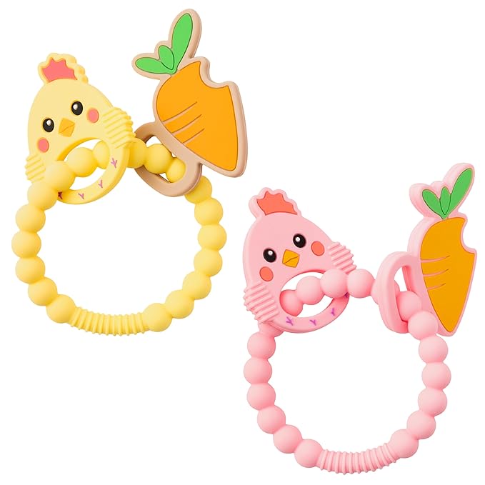 Silicone Teether Toys for Babies - 2ooya 2Pcs Easter Pink Yellow Carrot Chick Teething Ring Infant Soft Teethers, Toddler Teething Chew Toys for Newborn Boy and Girl Easter Baby Shower Birthday Gifts