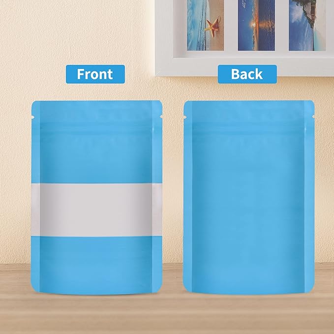 100 Pieces Smell Proof Mylar Bags, Resealable Food Storage Bags with Clear Window, Foil Pouch Stand-up for Food Self Sealing Storage Supplies (Blue, 5.3 x 7.8 Inch)