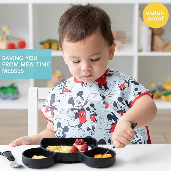 Bumkins Disney Short Sleeve Bib for Girl or Boy, Toddler and Kids for 1-3 Years, Large Size, Essential Must Have for Junior Children, Eating, Mess Saving Soft Fabric Apron for Play, Mickey Mouse
