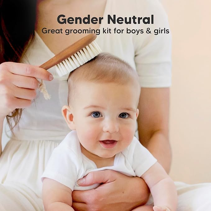 Baby Hair Brush Set for Newborns - Soft Goat Bristle Wooden Baby Brush and Comb Set Newborn Grooming Kit for Cradle Cap, Durable & Gentle, Boy, Girl Infant Essentials Care Kit (Oval, Dark Walnut)
