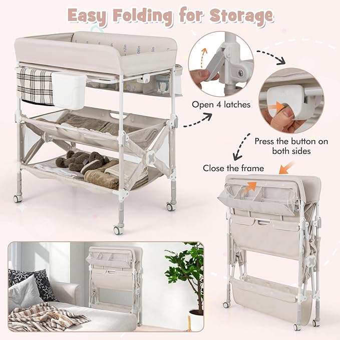 HONEY JOY Changing Table, Foldable Baby Mobile Nursery Organizer w/Wheels, Adjustable Heights, Storage Bag & Shelves, Waterproof Diaper Changing Station Dresser, Portable for Newborn Infant (Beige)