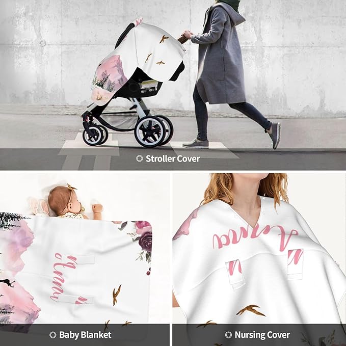 Personalized Baby Car Seat Canopy for Babies with Name, Custom Mountain Stroller Car Seat Covers for Girls, Minky Nursing Carseat Cover for Breastfeeding, Car Seat Canopies for Newborn