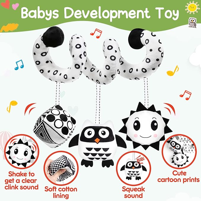 Baby Spiral Hanging Stroller and Car Seat Toys Black and White High Contrast Sensory Toy Newborn Plush Activity Toys Party Favors Quality Gifts for Baby Shower Valentine's-OWL
