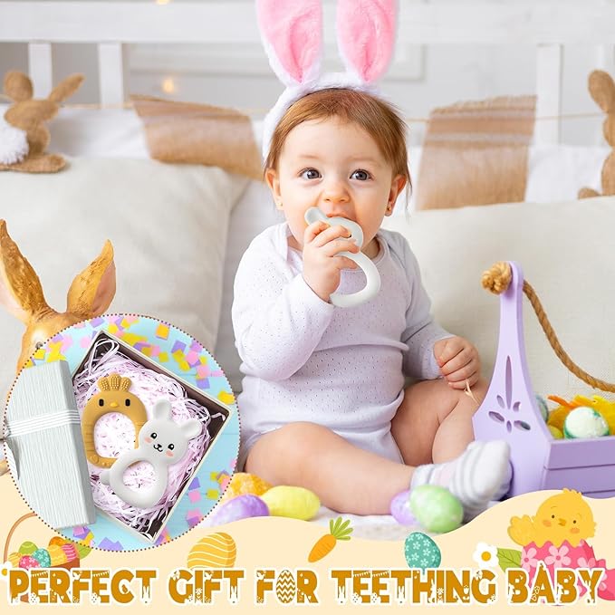 Easter Silicone Teethers for Babies - 2ooya 2Pcs Rabbit Chick Infant Teething Chew Toys, Toddler Sore Gums Pain Relief Toy for Newborn Boy and Girl Easter Spring Baby Shower Birthday Gifts