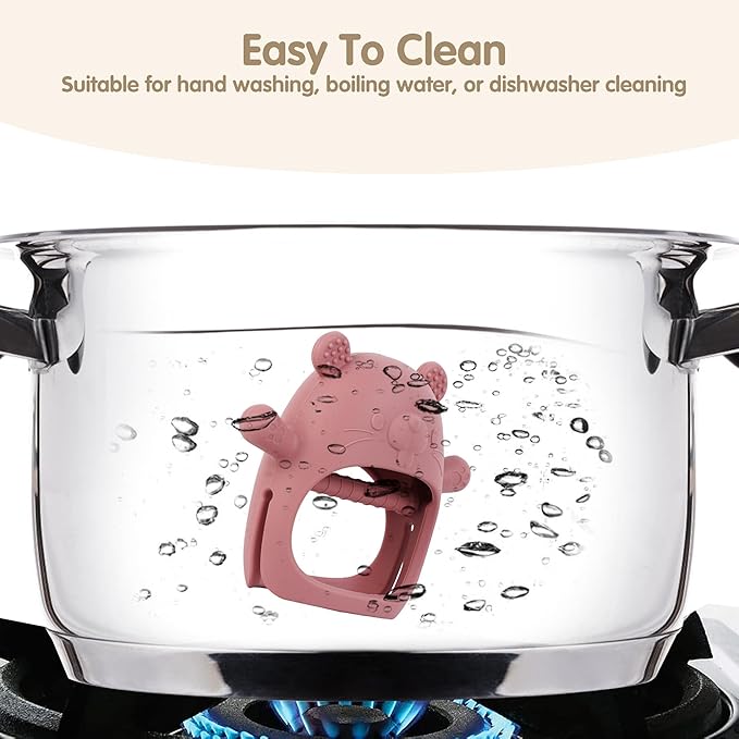 Silicone Baby Teether for 3–12 Months, BPA-Free Easy Grip Teething Toy for Infants, Soft Sensory Chew Toy, One-Piece Dishwasher Safe Design(Groundhog Dark Pink)