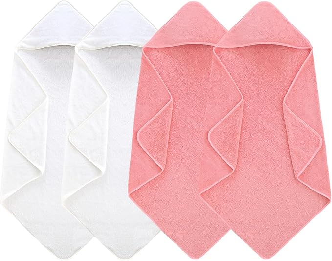 4 Pack Hooded Baby Towels, 32x32 Inch Absorbent Bath Towels, Soft Coral Fleece Hooded Towel for Newborns, Infants, and Toddlers – Baby Bath Essentials (2X White + 2X Pink)