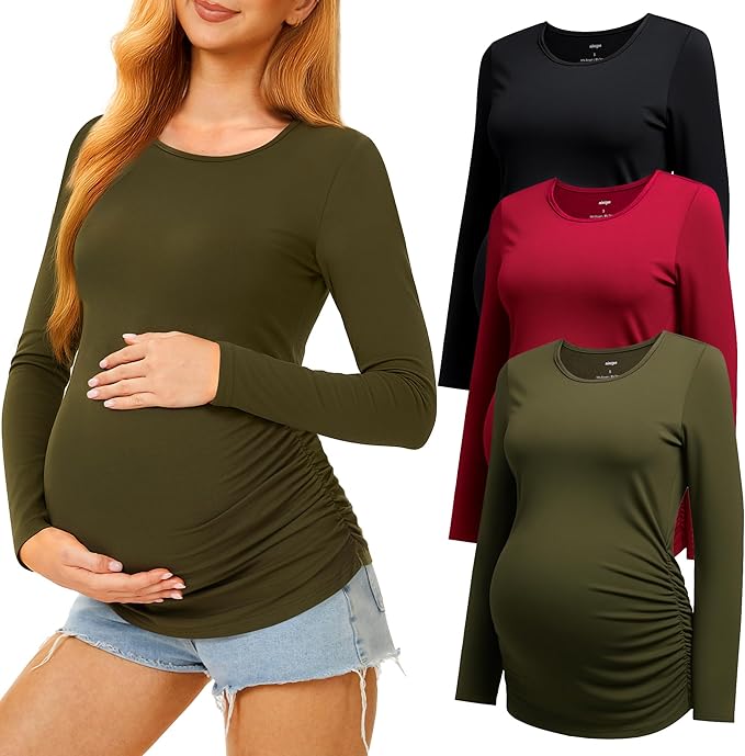 3 Pack Maternity Shirts Long Sleeve Pregnancy Top for Women with Crew Neck Casual Tee Shirts
