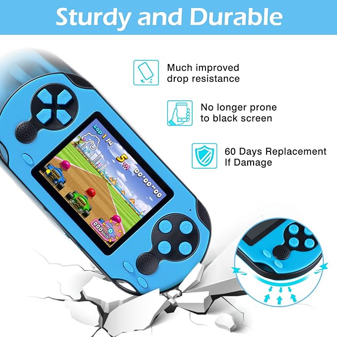 16 Bit Handheld Game for Kids Adults, 3.0'' Large Screen Preloaded 230 HD Classic Retro Video Games with USB Rechargeable Battery & 3 Game Cartridges for Birthday Gift for Kids 4-12 (Blue)