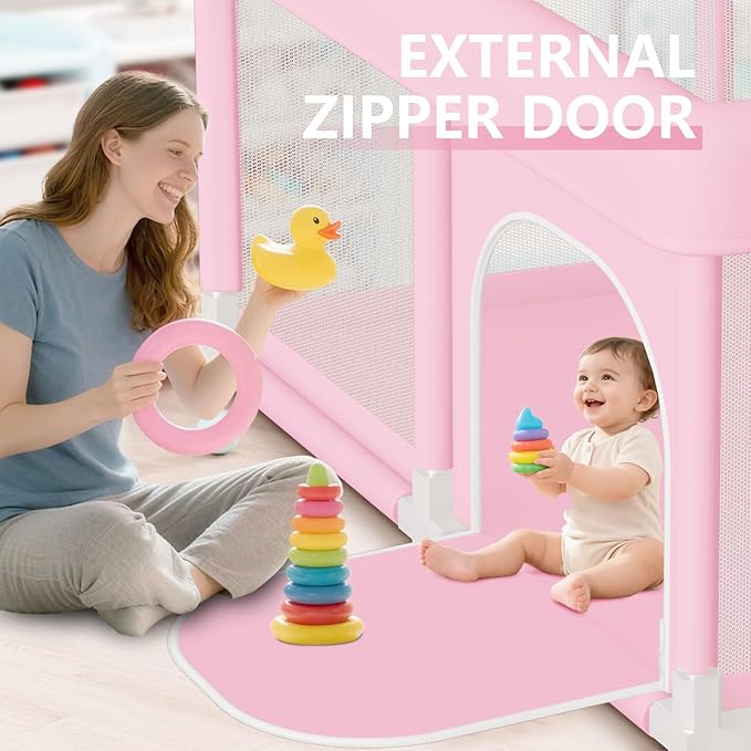 Large Baby Playpen 74"x50", Baby Girl Play Pen for Babies and Toddlers Pink, Safe Structure and Soft, Skin-Friendly Fabric with Zipper Gates