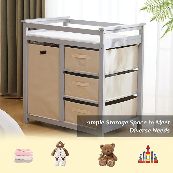 Karl home Modern Baby Changing Table,Dresser Baby Diaper Changing Station with Laundry Hamper,Infant Nursing Table with 3 Storage Drawers,Removable Safety Rail & Strap for Bedroom,Nursery,LightGrey