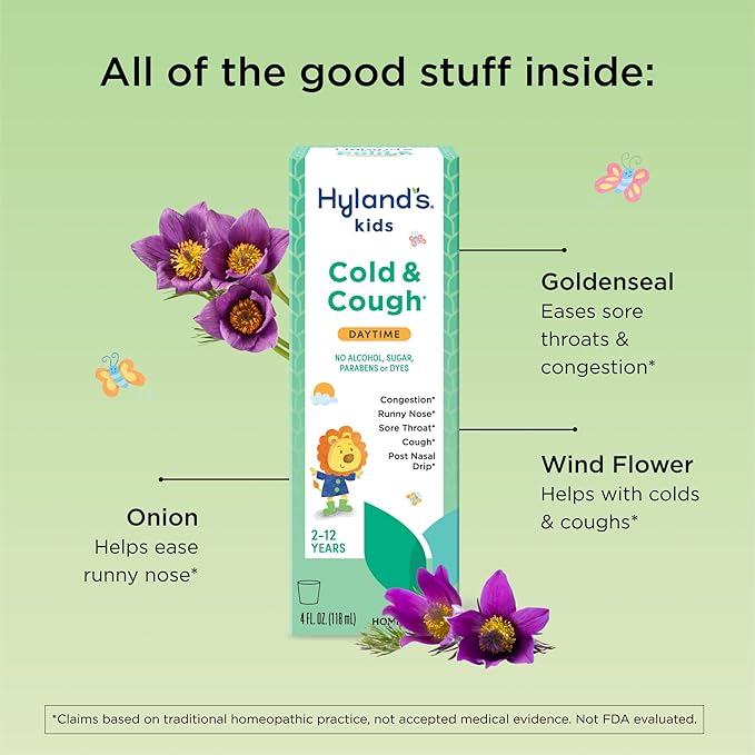Hyland's Kids Cold and Cough, Daytime Cough Syrup Medicine for Kids Ages 2 and up, Decongestant, Sore Throat Relief, Natural Treatment for Common Cold Symptoms, 4 Fl Oz