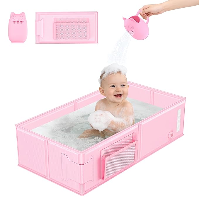 Baby Bathtub, Portable Bathtub with Cat-Patterned Bath Rinse Cup,Foldable Bath Tub for Small Bathroom,Toddler Tub for 6M-5Y,Baby Travel Essentials for Hotel,Camping & Beach