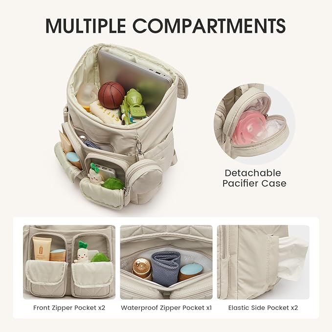 G4Free Diaper Bag Backpack for Moms Dads Travel Baby Bag with Pacifier Case & Insulated Pockets,Beige