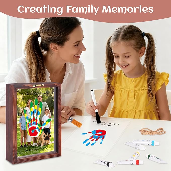 Family Handprint Kit, DIY Baby Hand and Footprint Handmade Keepsake Wooden Frame, Family Gifts with 6 Non-Toxic Baby-Safe Paint, Ideas Gift for New Parents, Grandparents, Father's Day, Mother's Day