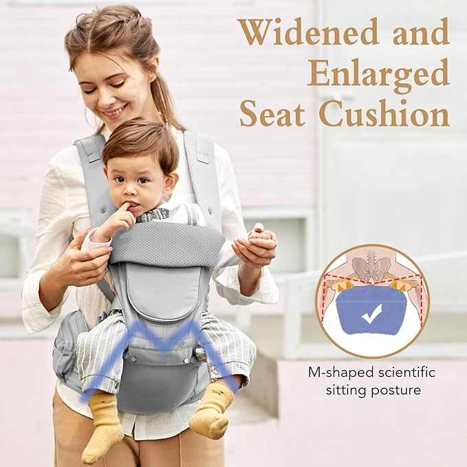 Baby Carrier Newborn to Toddler,12 in 1 Baby Holder Carrier with Adjustable Waist Belt,Baby Carrier with Hip Seat,Safety-Certified Baby Hip Carrier with Foldable Neck Support Pod,Ergonomic-Grey