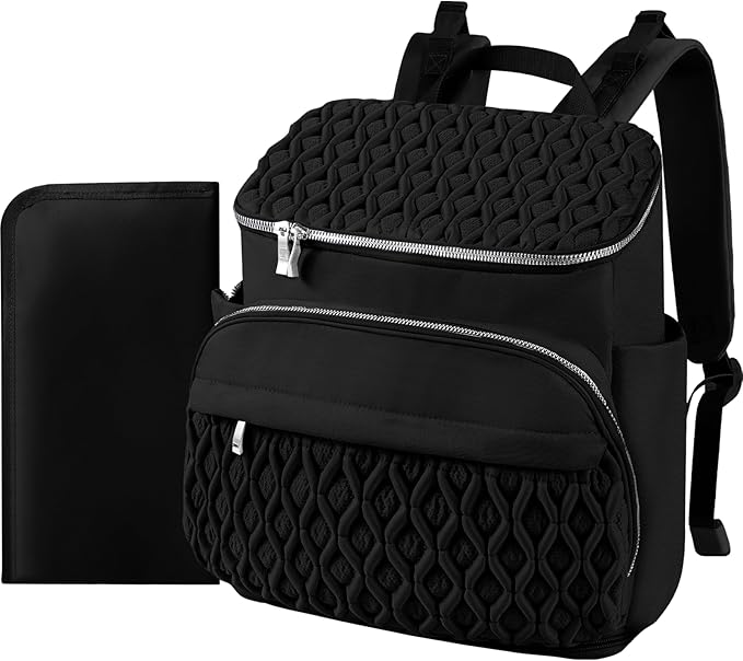 Baby Diaper Bag Backpack, Expandable Baby Bag for Girl Boy, Travel Diaper Backpack with Insulated Pocket, Changing Pad, Quilted Diaper Bag for Mom Dad, Newborn Baby Essentials Must Have Black