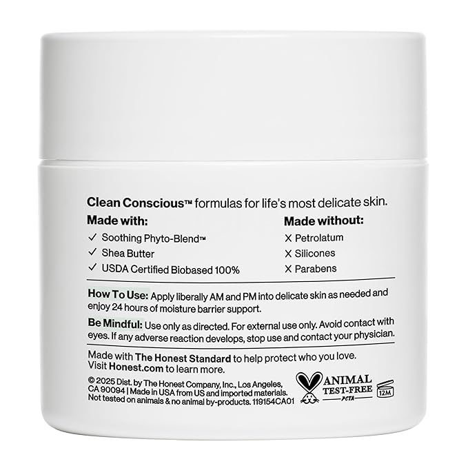 The Honest Company Sensitive Skin Rich Cream, Shea Butter, Blend of Bisabolol + Ginger Root Extract, Safe for Baby's Sensitive Skin, Dermatologist Tested, Hypoallergenic, Fragrance Free, EWG Verified