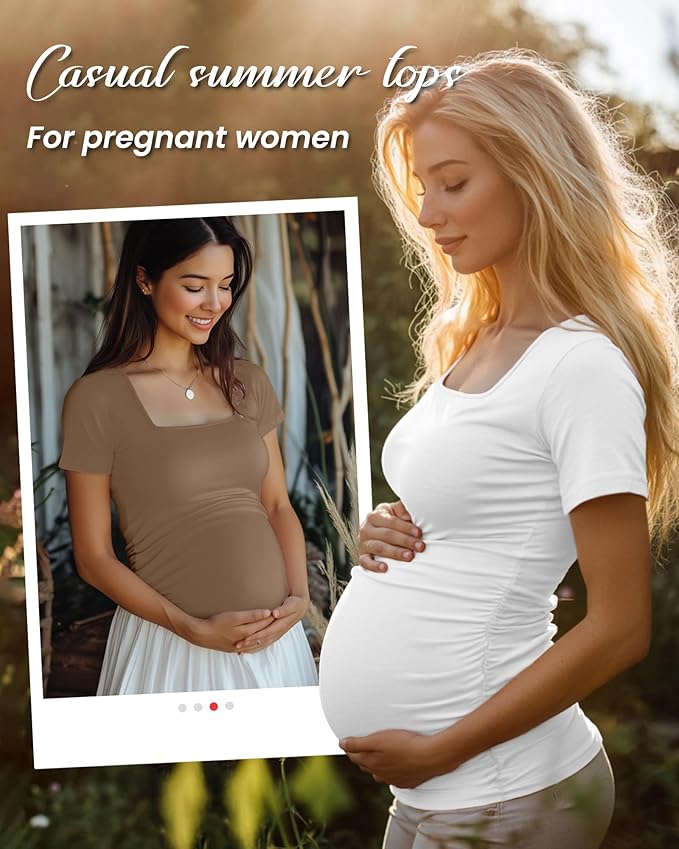 4 Pack Women's Maternity Shirts Cotton Square Neck Pregnancy Tops Side Ruched Summer Short Sleeve Tees Multipack