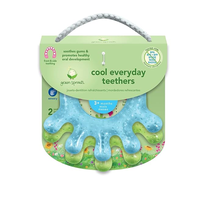 green sprouts Cooling Teether| Soothes gums & promotes healthy oral development |Safer plastic filled with sterilized water,Chill for extra relief,Textured surface to massage gums,2 Count (Pack of 1) Blue